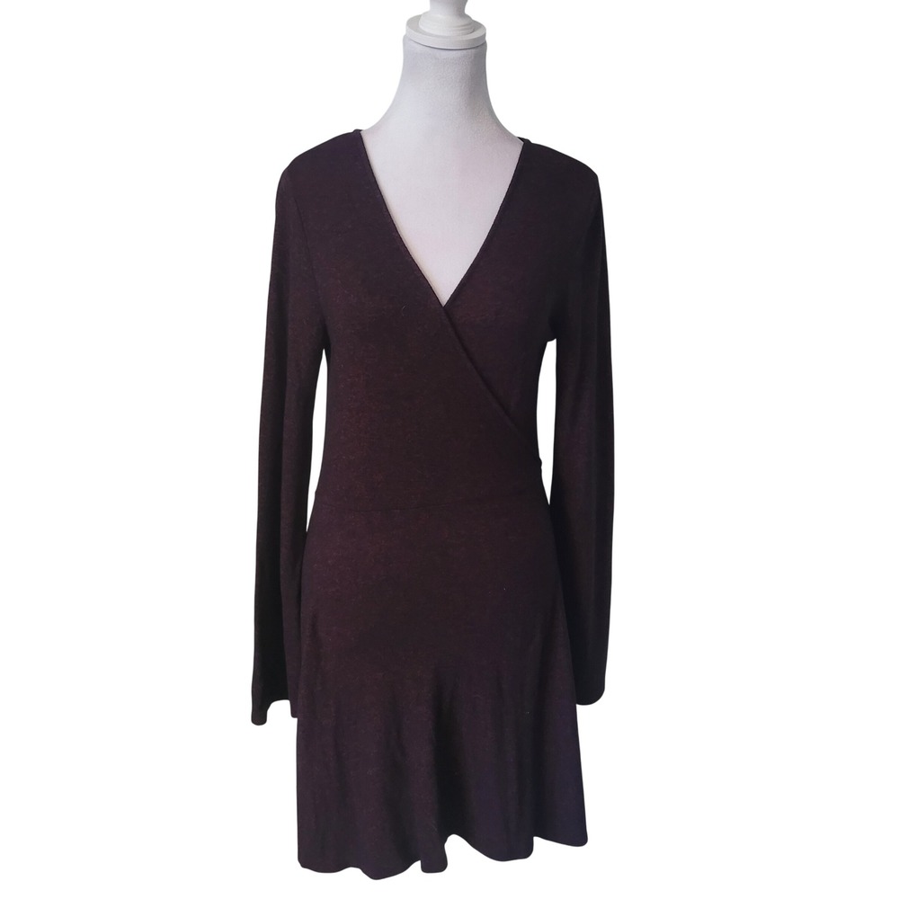 Express Women S Fit and Flare Mini Dress Plum Purple Marled Long Sleeve Surplice
